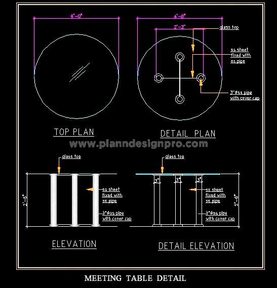 Round Meeting Table Free CAD Design- Glass Top & Steel Legs